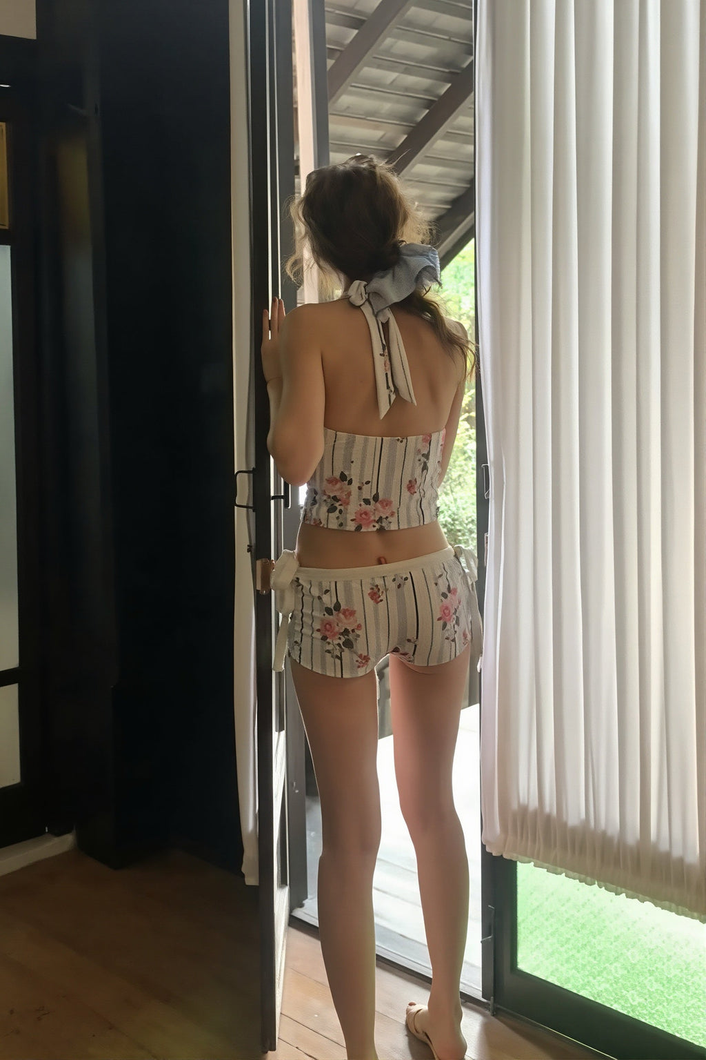 Striped Floral Halter Two Piece Swim Set