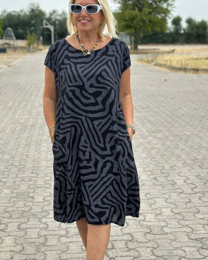 Abstract Zebra Print Scoop Neck Short Sleeve Swing Casual Midi Dress