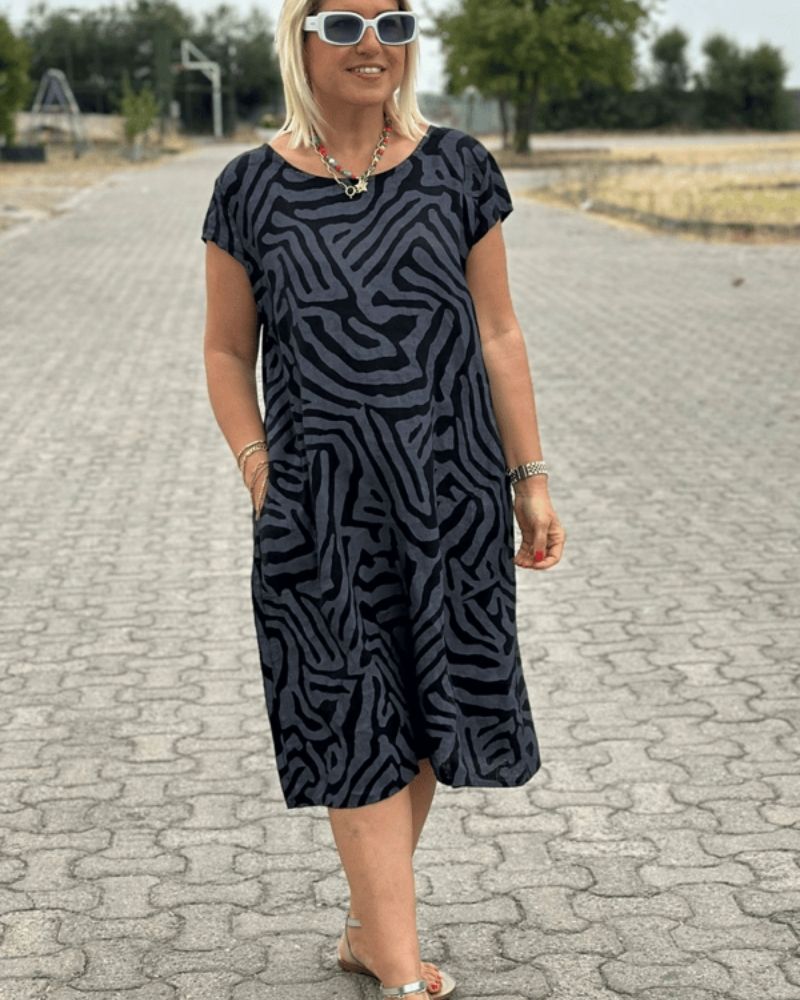 Abstract Zebra Print Scoop Neck Short Sleeve Swing Casual Midi Dress