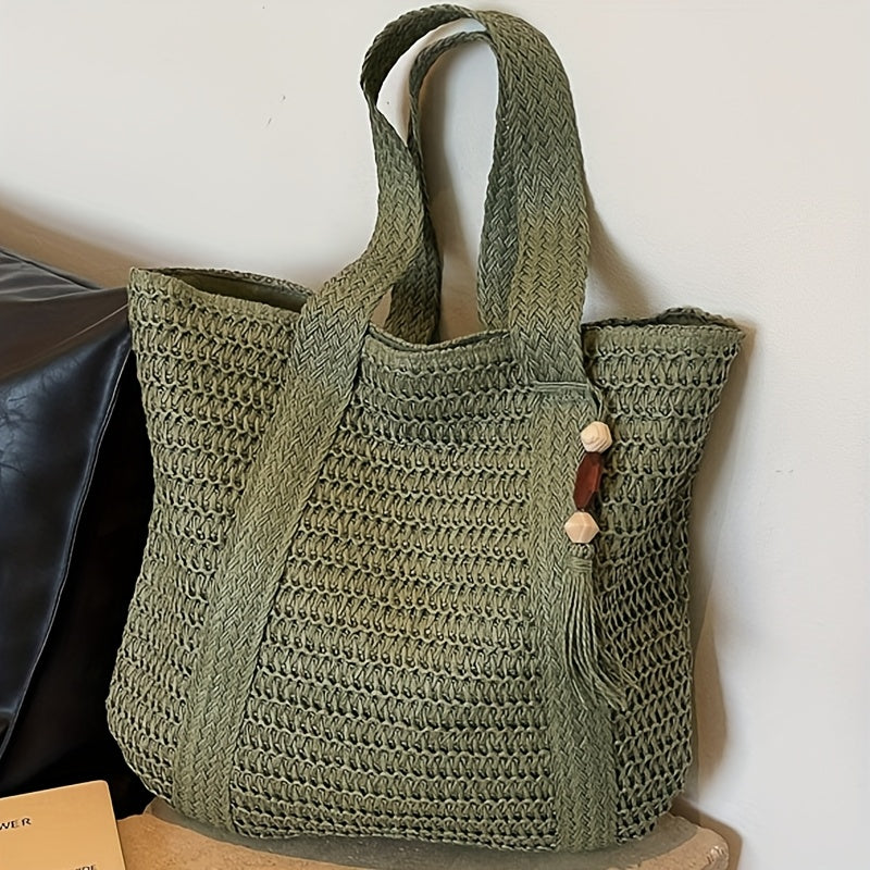 Woven Straw Tote Bag with Fringe Tassel Detail