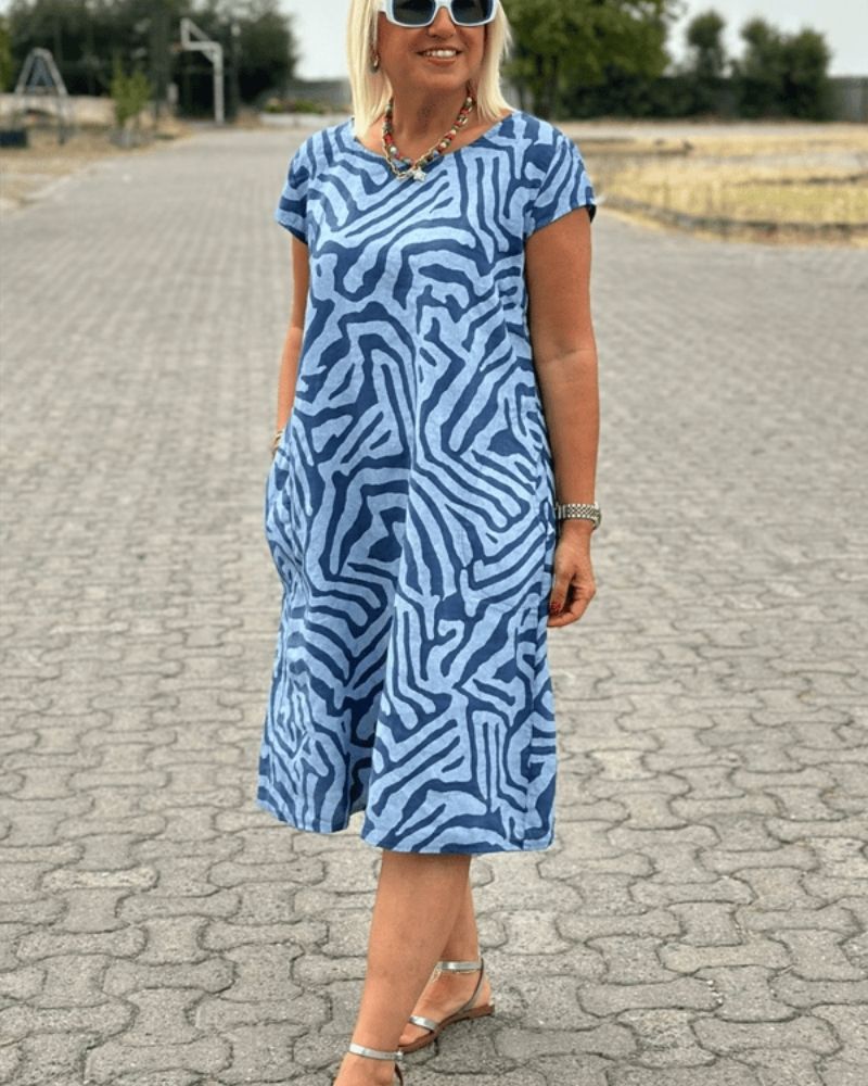 Abstract Zebra Print Scoop Neck Short Sleeve Swing Casual Midi Dress