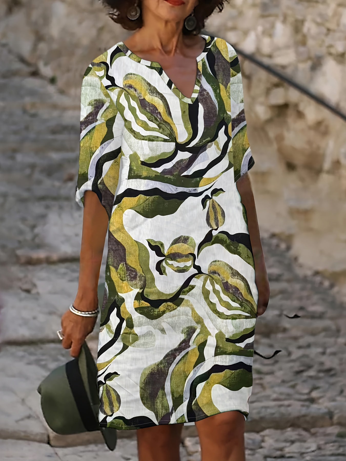 Women's Spring/Autumn Casual Straight-Leg V-Neck Printed Dress