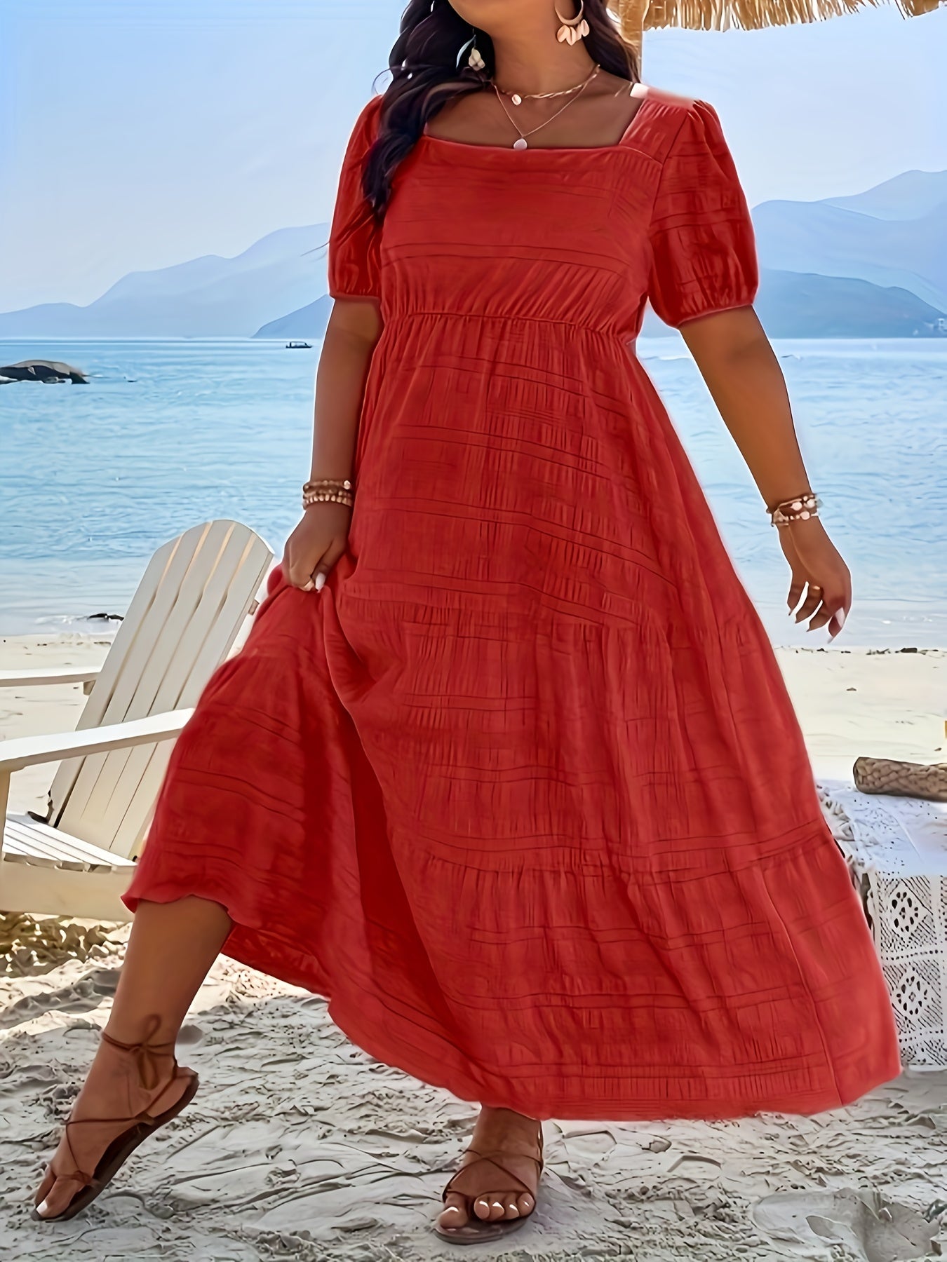 Plus Size Square Neck Puff Sleeve Maxi Dress