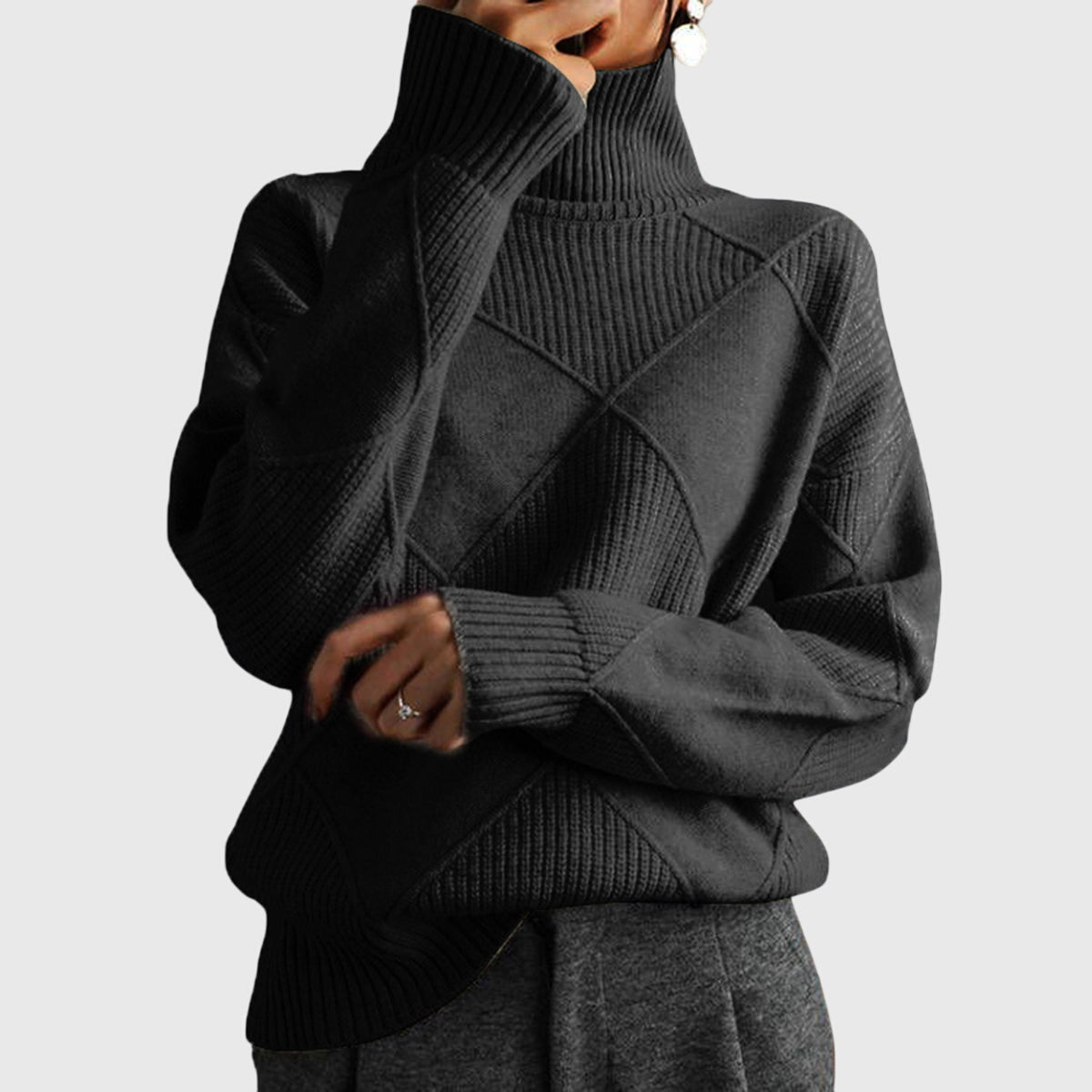 Angela | Women's Roll Neck Sweater with Diagonal Seam Detail
