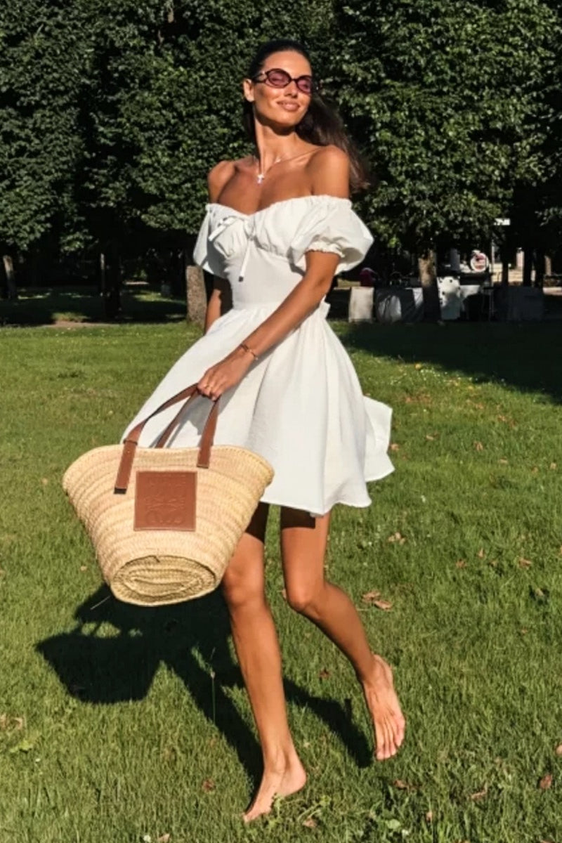 Off Shoulder Puff Sleeve Tie Mini Dress