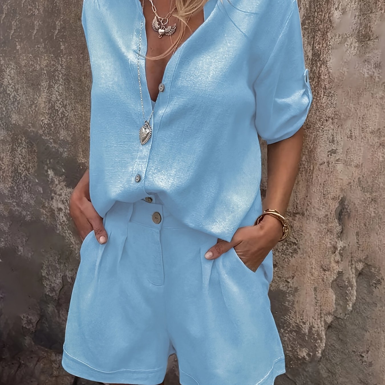 Shimmer Linen Collared Button Down Top and Short Set