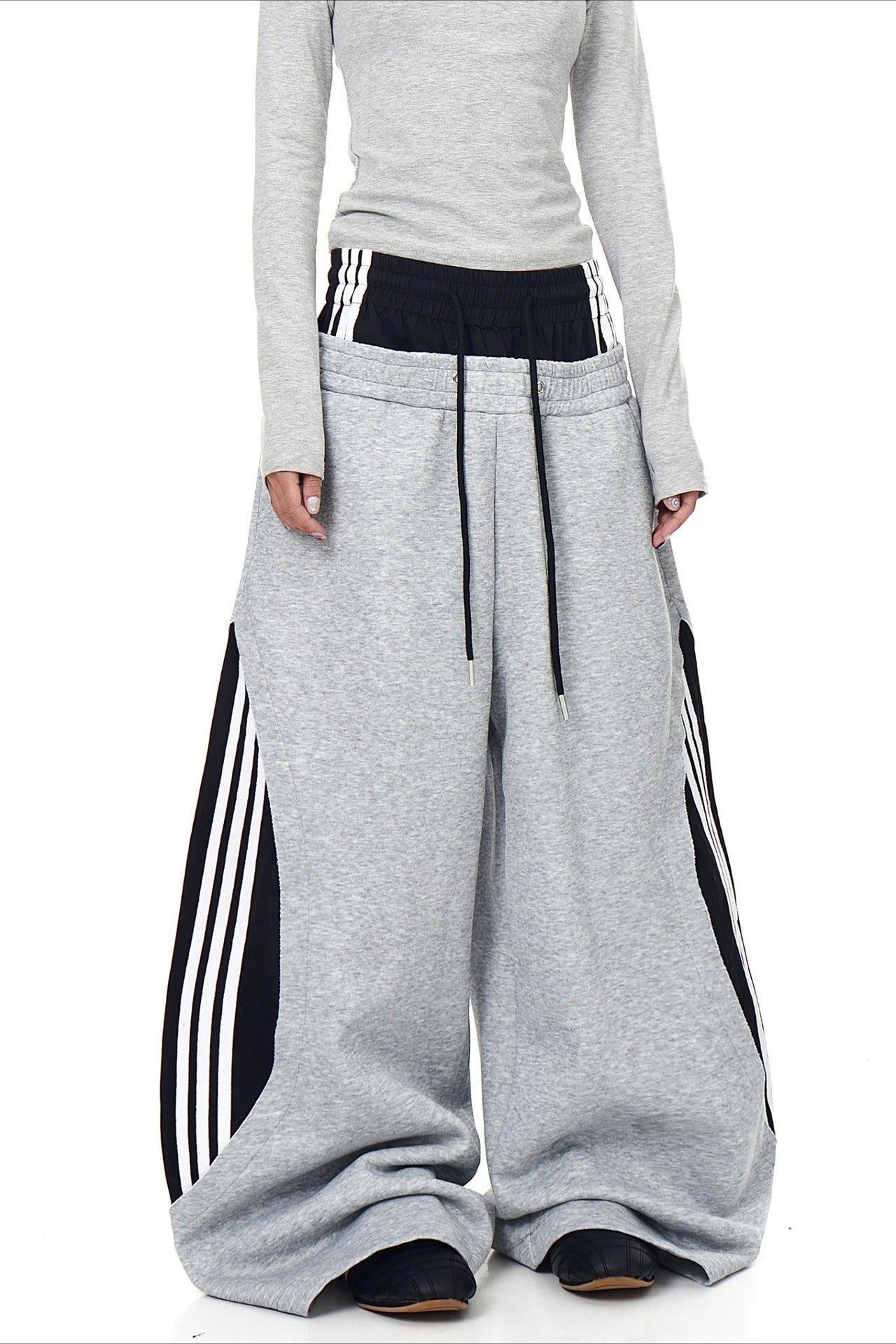 Double Waist Drawstring Stripe Pants