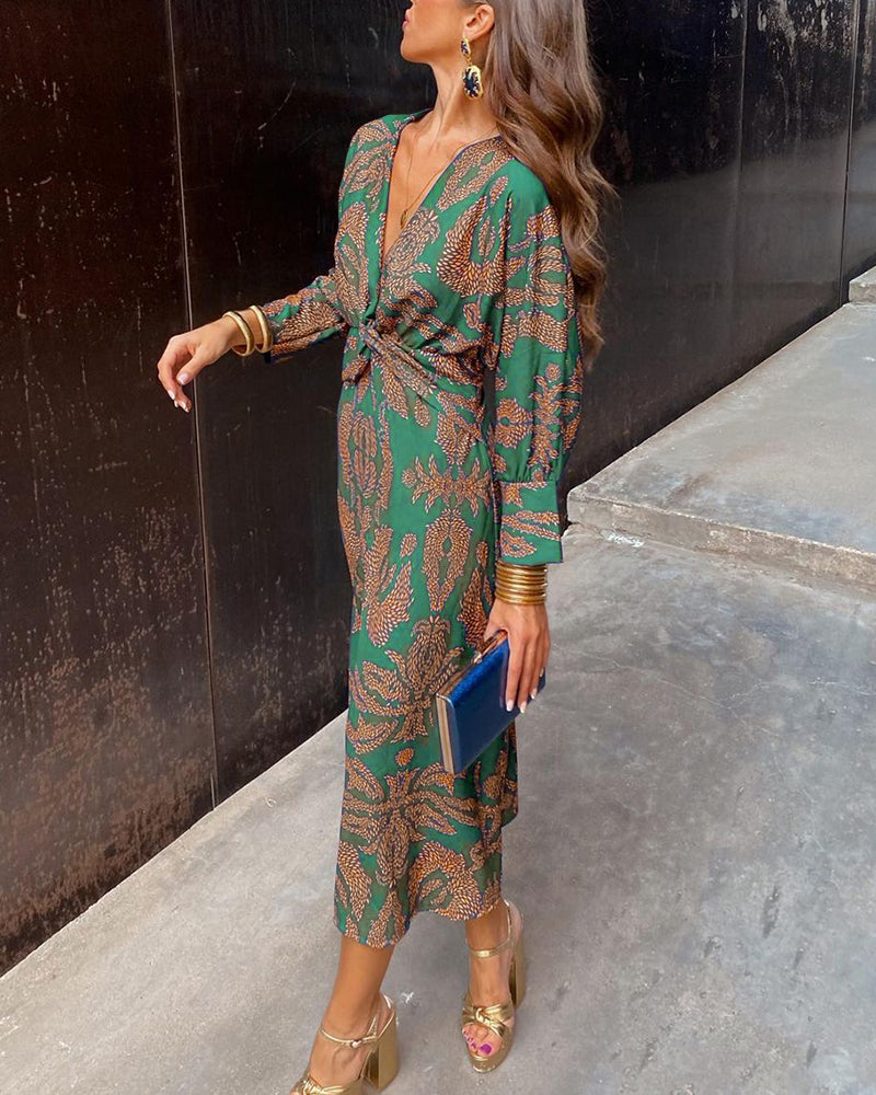 Paisley Print Twist Knot Front Long Sleeve Bodycon Midi Dress