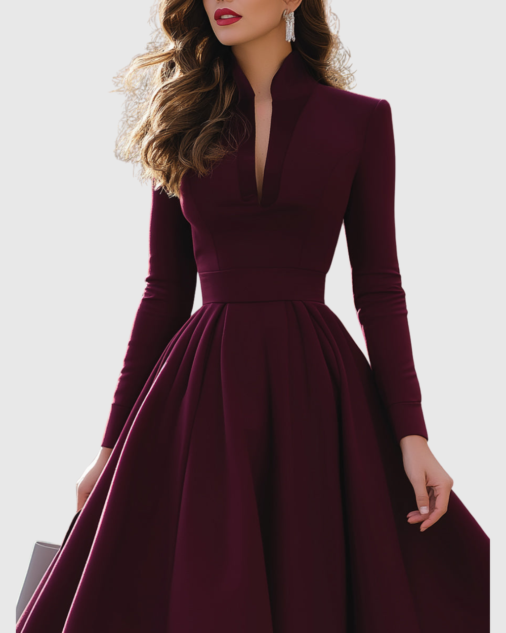 Deep V Neck Long Sleeve Full Skirt A Line Midi Dress - Formal Evening Gown