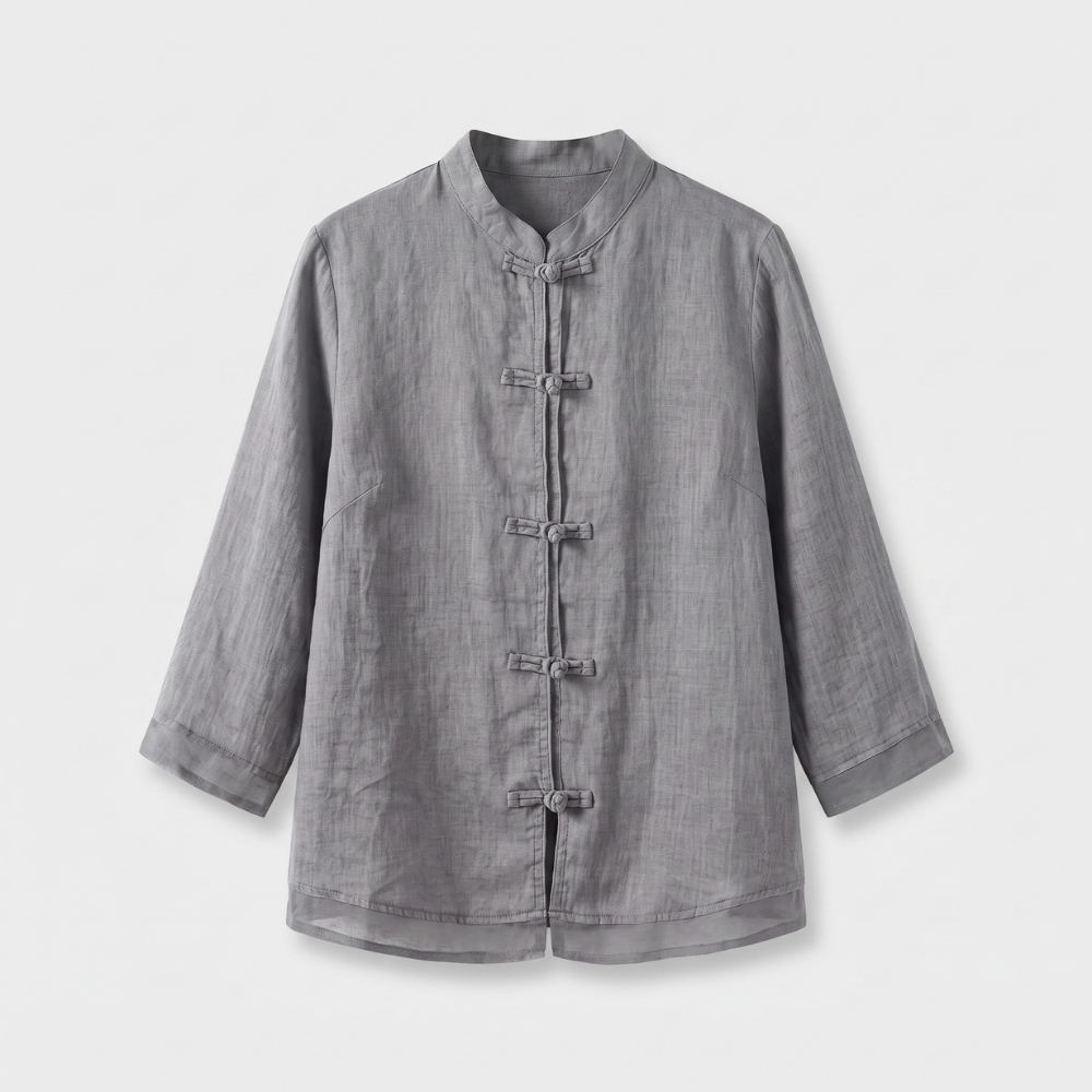 Mandarin Collar Frog Button Linen Blouse for Casual Style