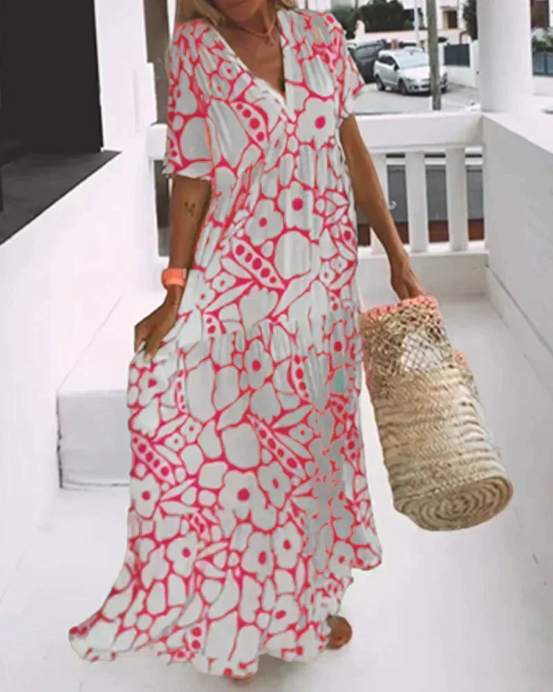 Floral Flutter Sleeve V Neck Tiered Flowy Maxi Dress