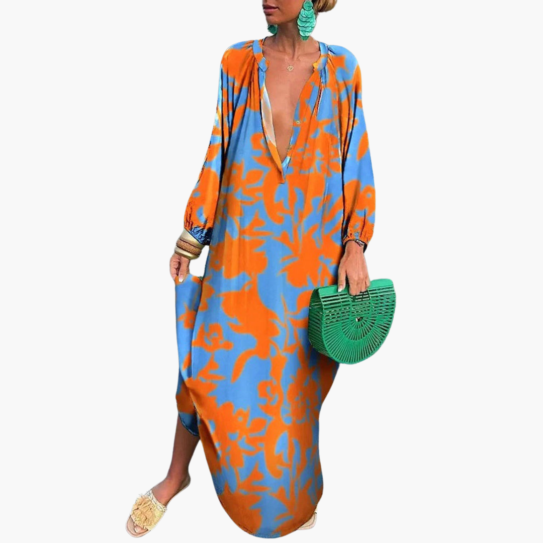 Abstract Print Deep V-Neck Oversized Beach Maxi Dress