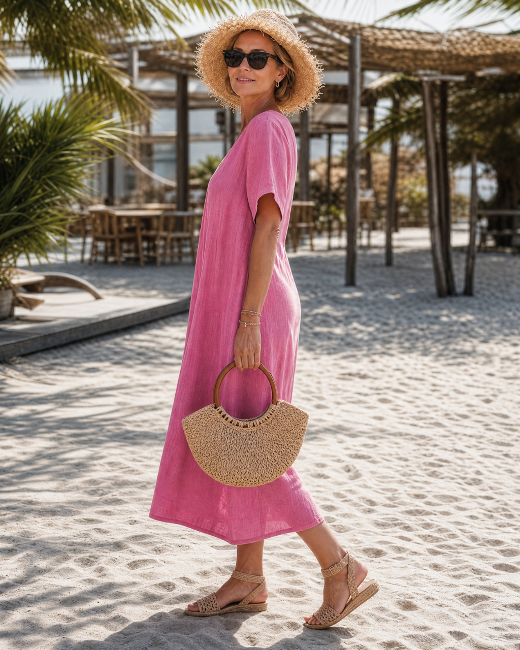 Pleated V Neck Short Sleeve Relaxed Linen Beach Maxi Dress