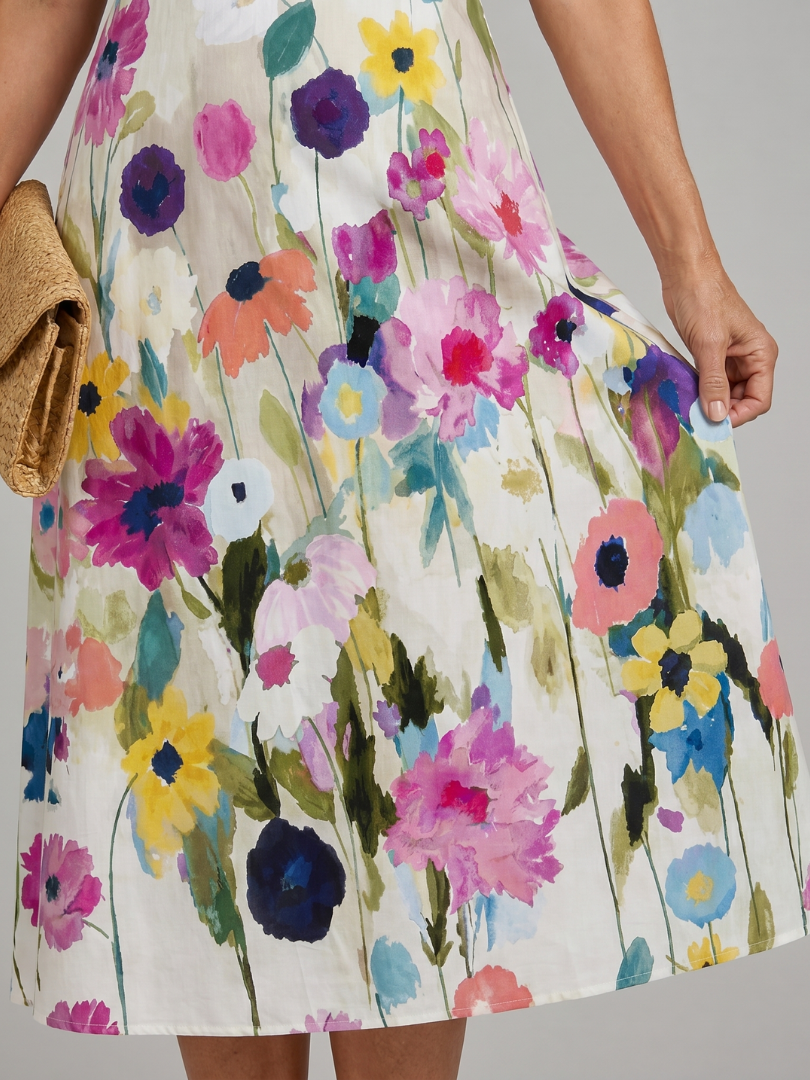 Floral Print Round Neck Sleeveless A Line Midi Dress