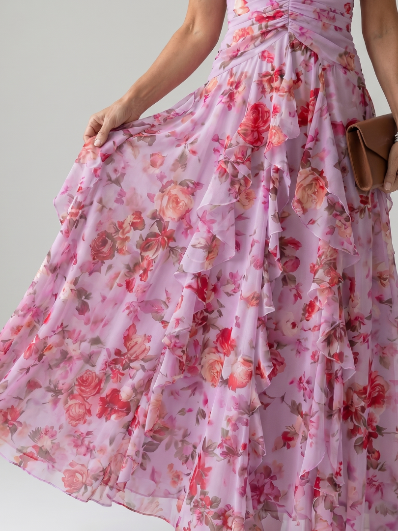 Floral Halter Neck Ruched Bodice Ruffle Flowy Maxi Dress - Wedding Guest