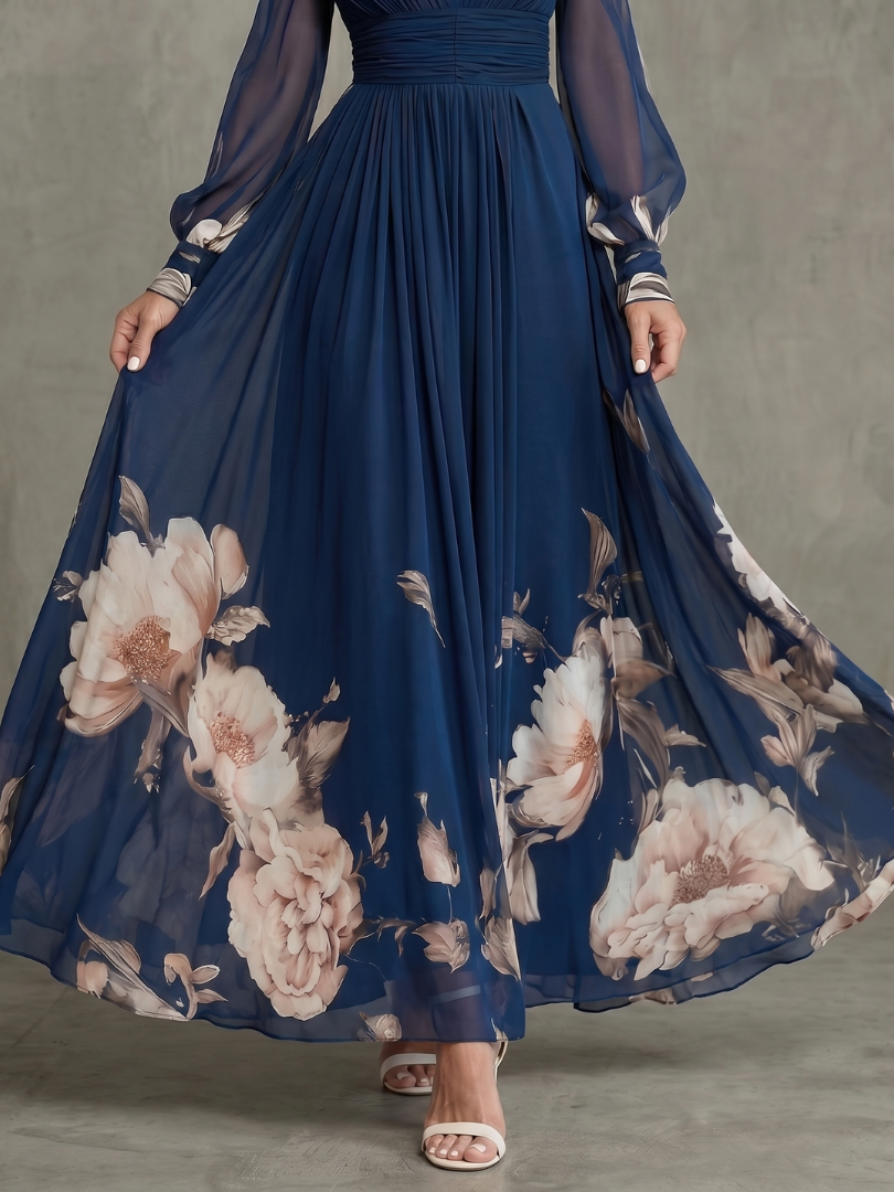 Floral Border Print V Neck Sheer Sleeve Flowy Maxi Dress - Formal Evening Gown