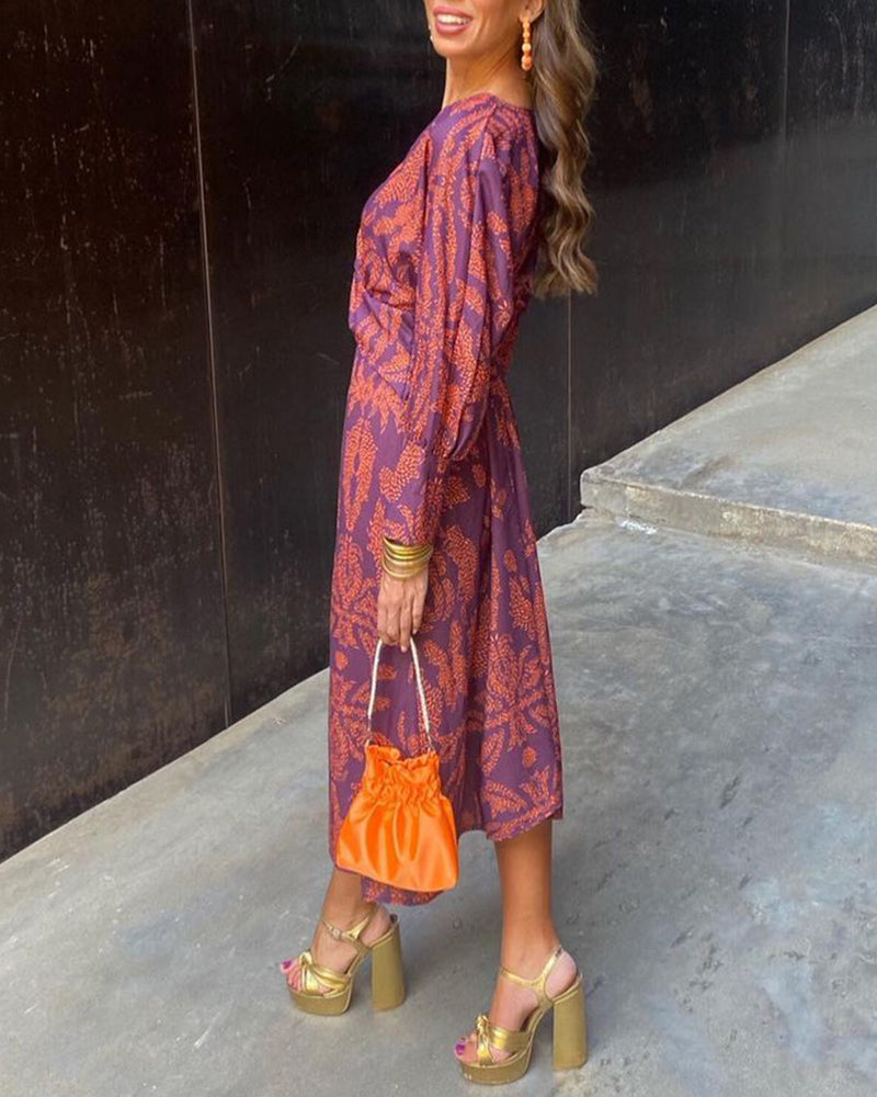 Paisley Print Twist Knot Front Long Sleeve Bodycon Midi Dress