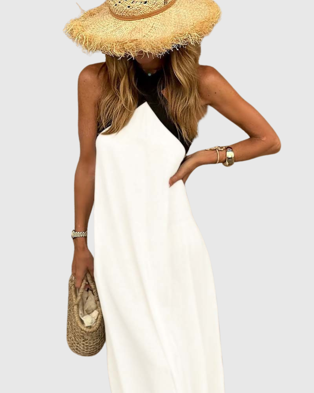 Colorblock Cross Halter Neck Sleeveless Flowy Maxi Dress