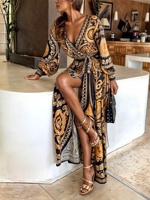 Paisley Print Deep V Neck Tie Waist Long Sleeve Maxi Dress