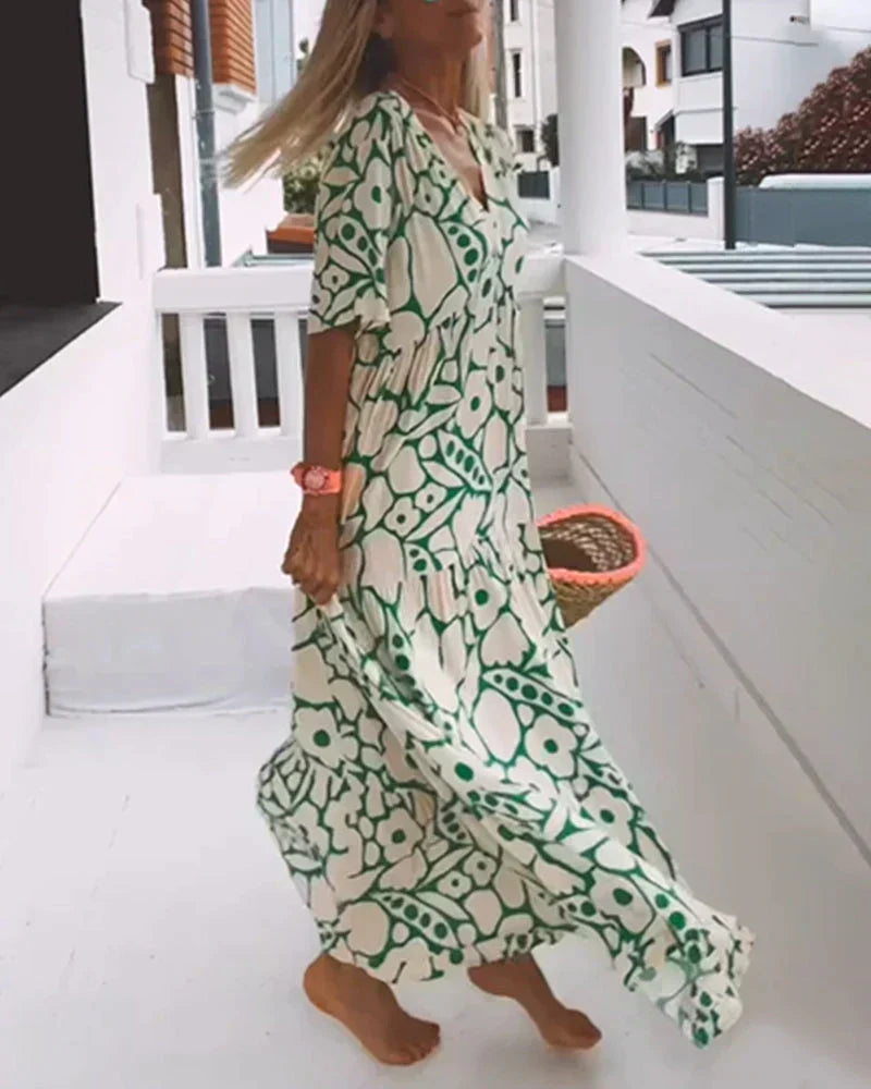 Floral Flutter Sleeve V Neck Tiered Flowy Maxi Dress