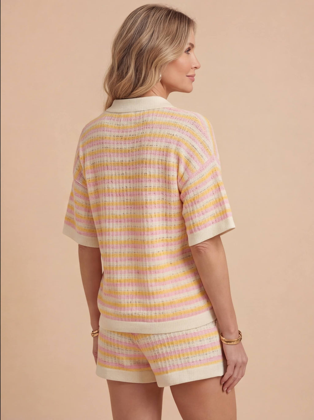 Striped Knit Polo Top and Short Two Piece Set