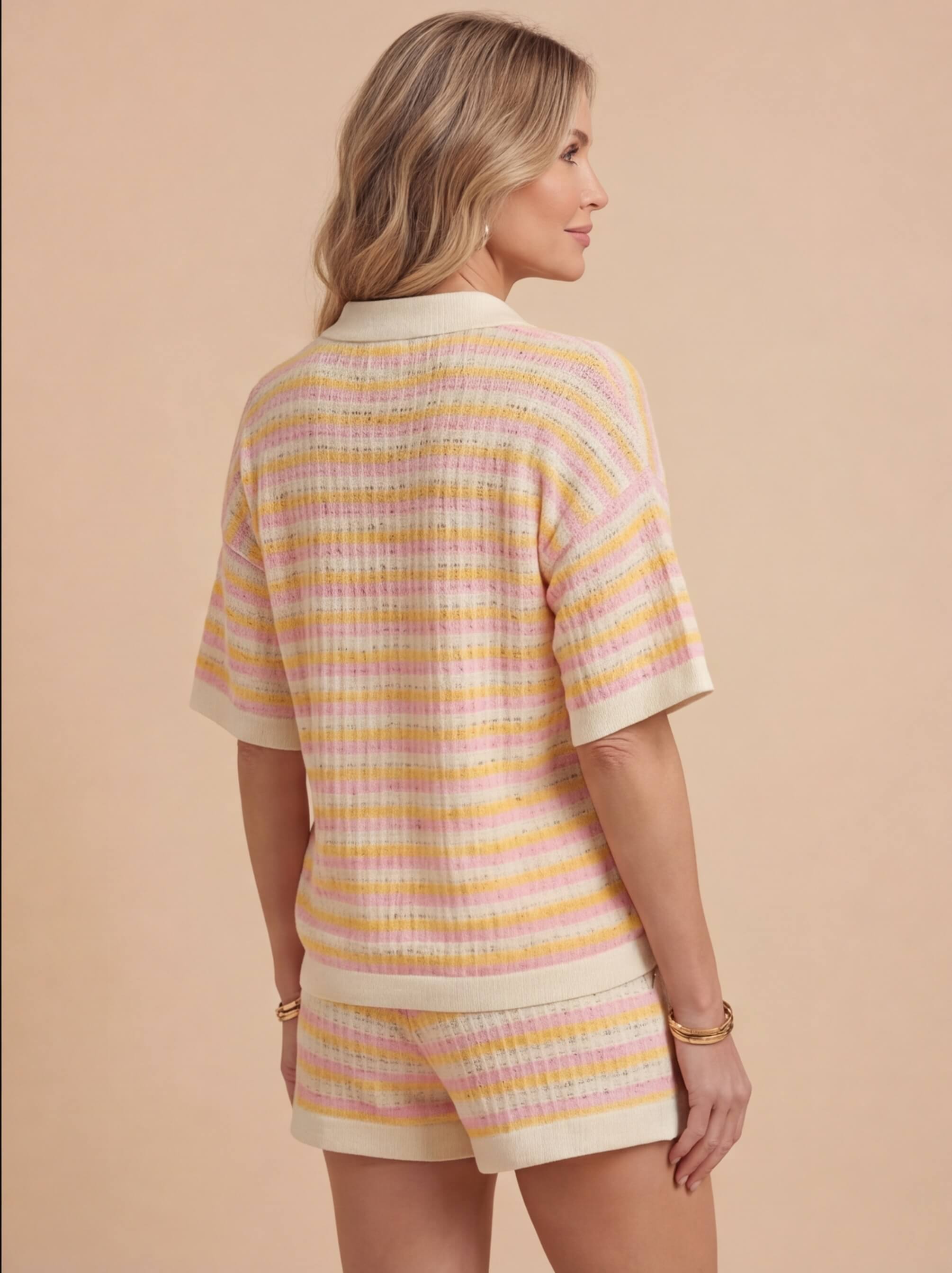 Striped Knit Polo Top and Short Two Piece Set
