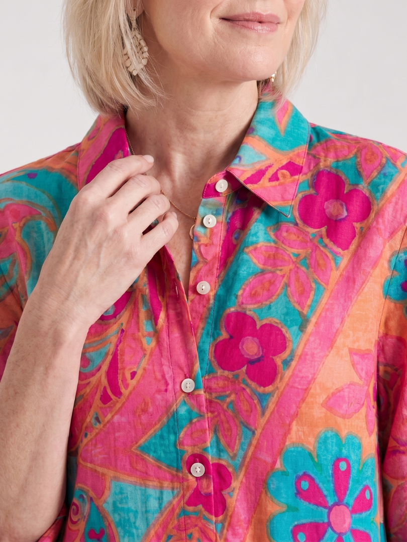 Paisley Print Button Front Collared 3/4 Sleeve Shirt Maxi Dress