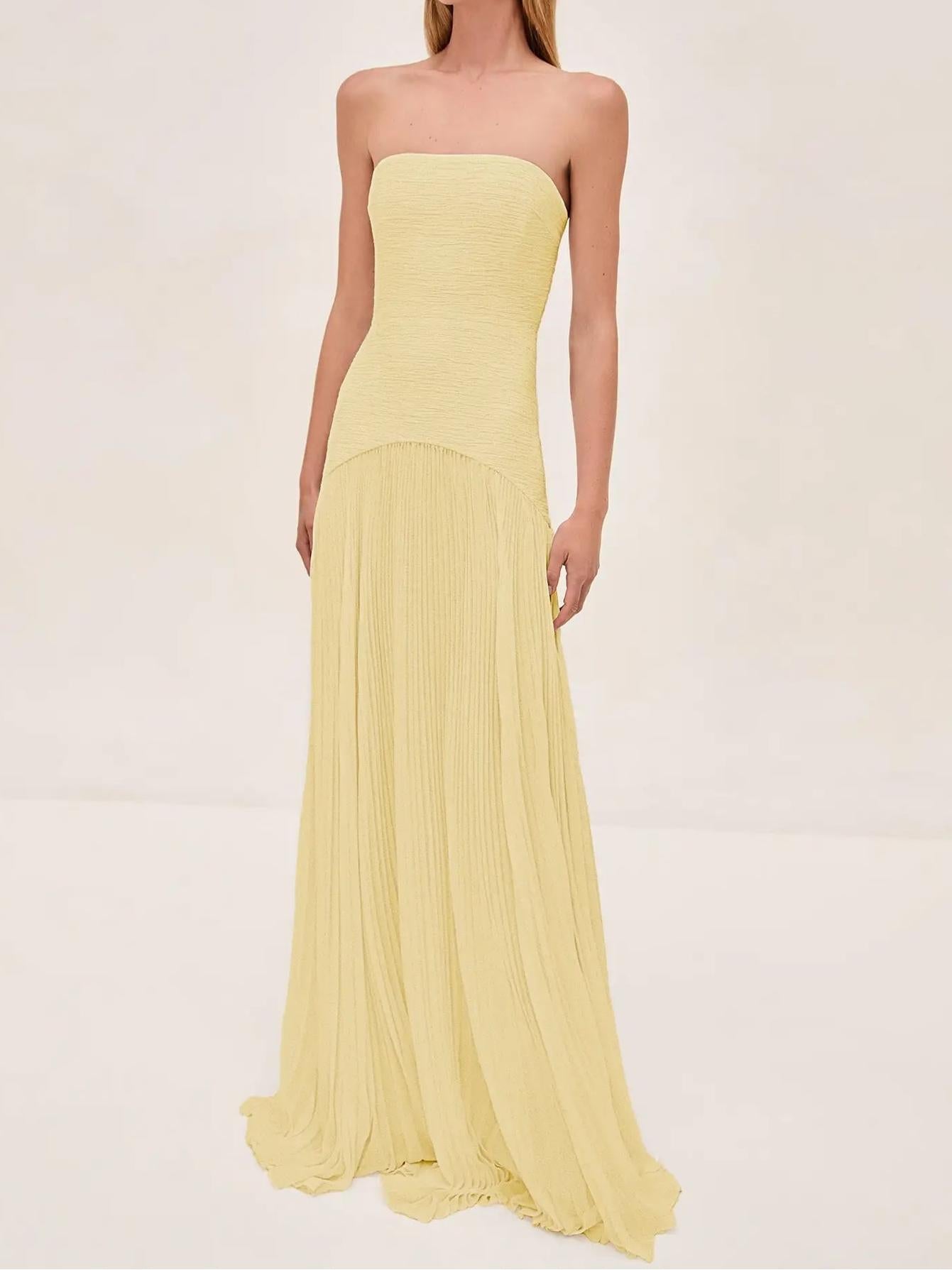 Strapless Ruched Bodice Pleated Chiffon Maxi Dress - Formal Evening Gown