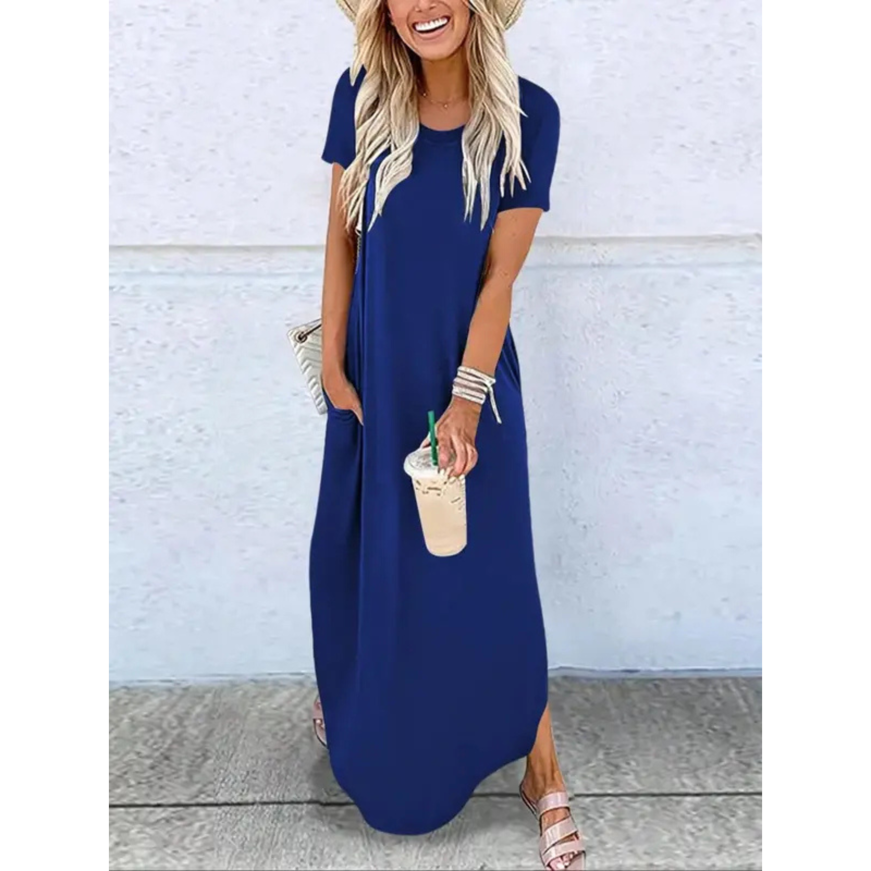 Short Sleeve Scoop Neck Side Split Pocket Casual Maxi Dress