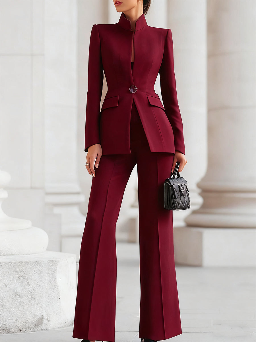 Stand Collar Single Button Fitted Blazer and Flare Pant Matching Set