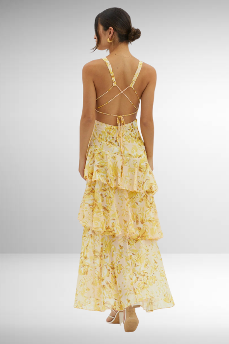 Abstract Print Deep V Neck Tiered Flowy Maxi Dress - Formal Wedding Guest