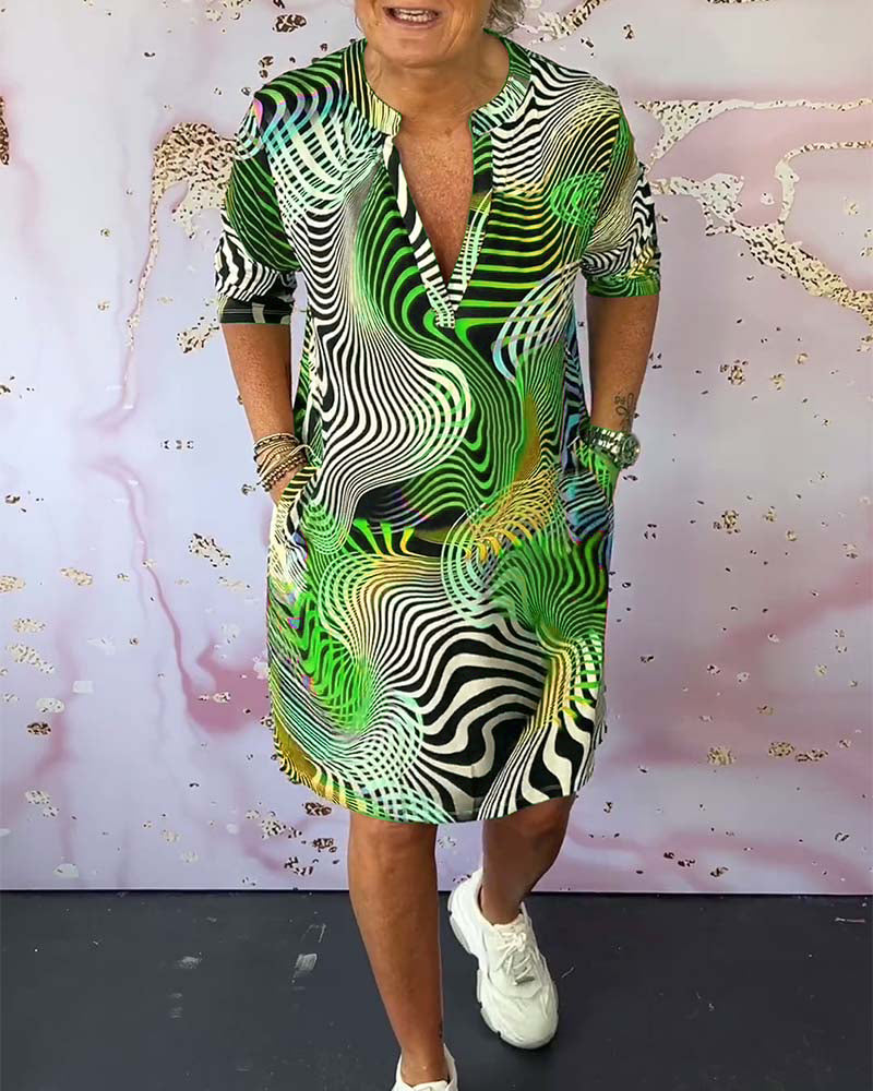 Abstract Wave Print V Neck Half Sleeve Casual Shirt Dress