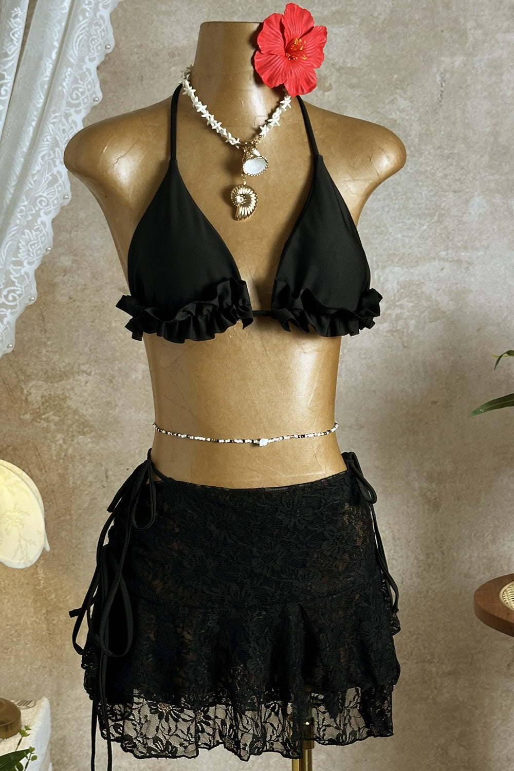 Lace Ruffle Bikini Three Piece Swim Set
