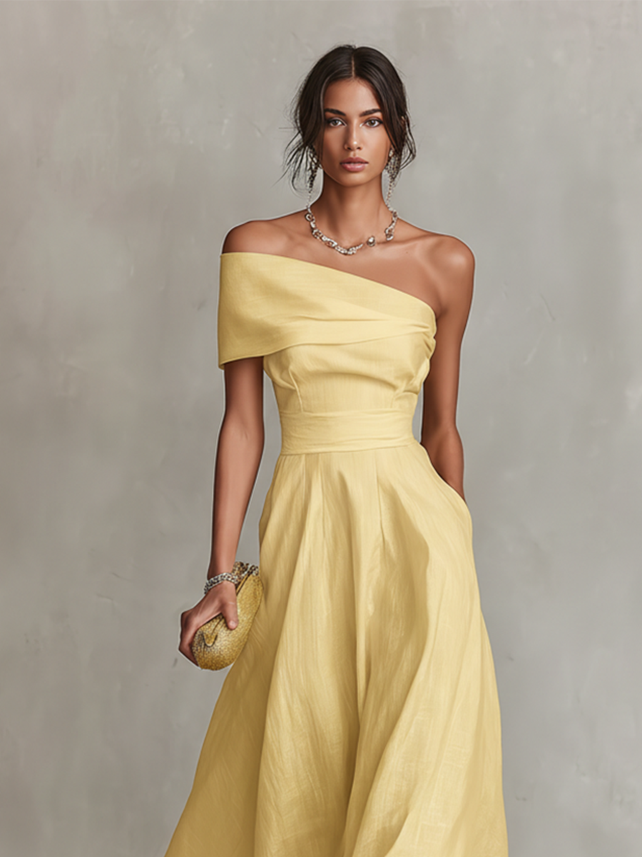 Ruched One Shoulder A Line Midi Dress - Wedding Guest