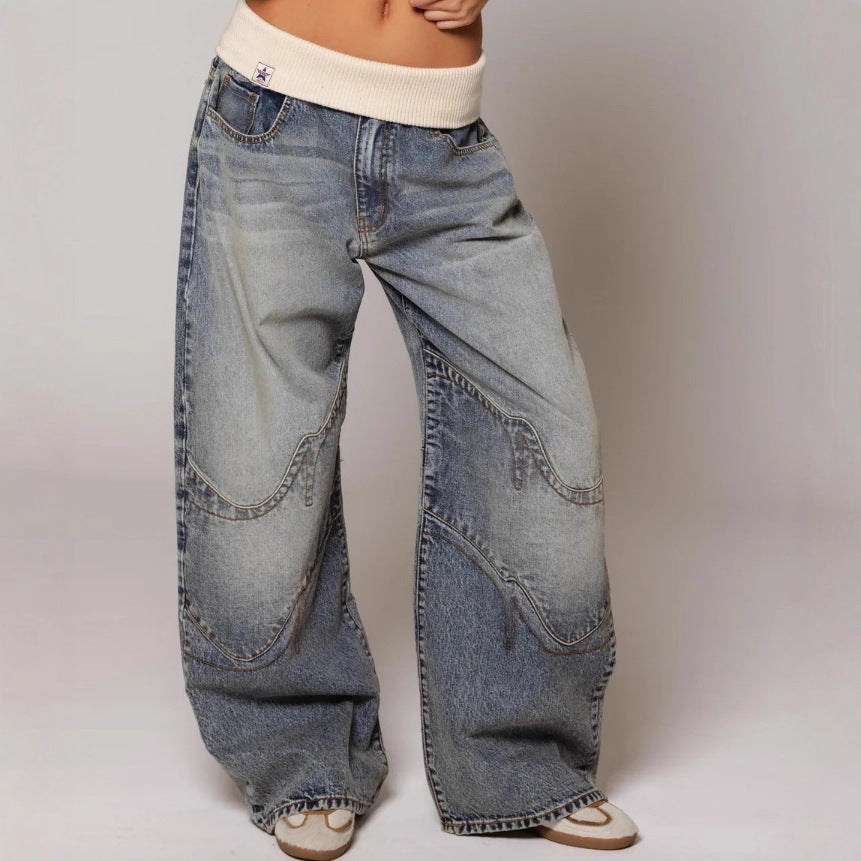 Washed Blue Vintage Denim Jeans for Women | Loose Fit Straight Leg