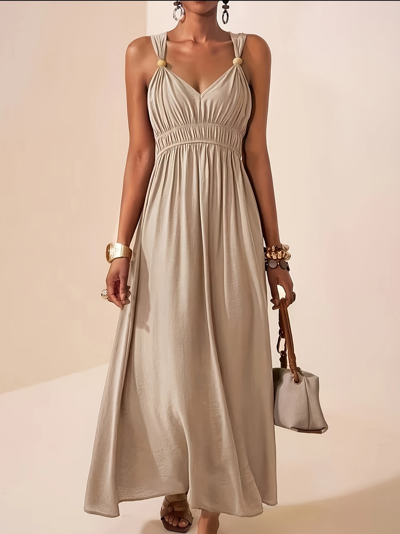 Gold Ring Strap Ruched Bust V Neck Flowy Maxi Dress