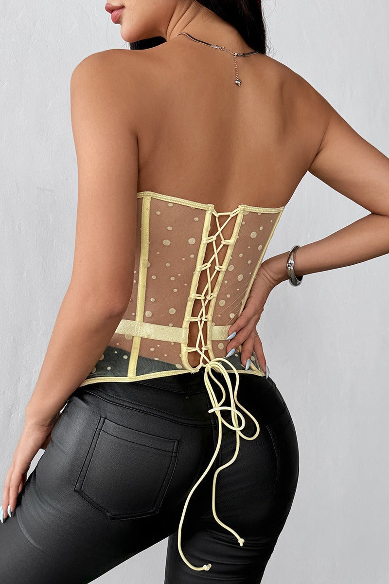 Strapless yellow polka dot bustier corset worn from Hicosy — view 4