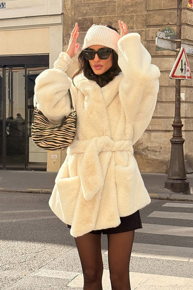 Woman wearing Belted Hooded Faux-Fur Coat from Hicosy — view 2