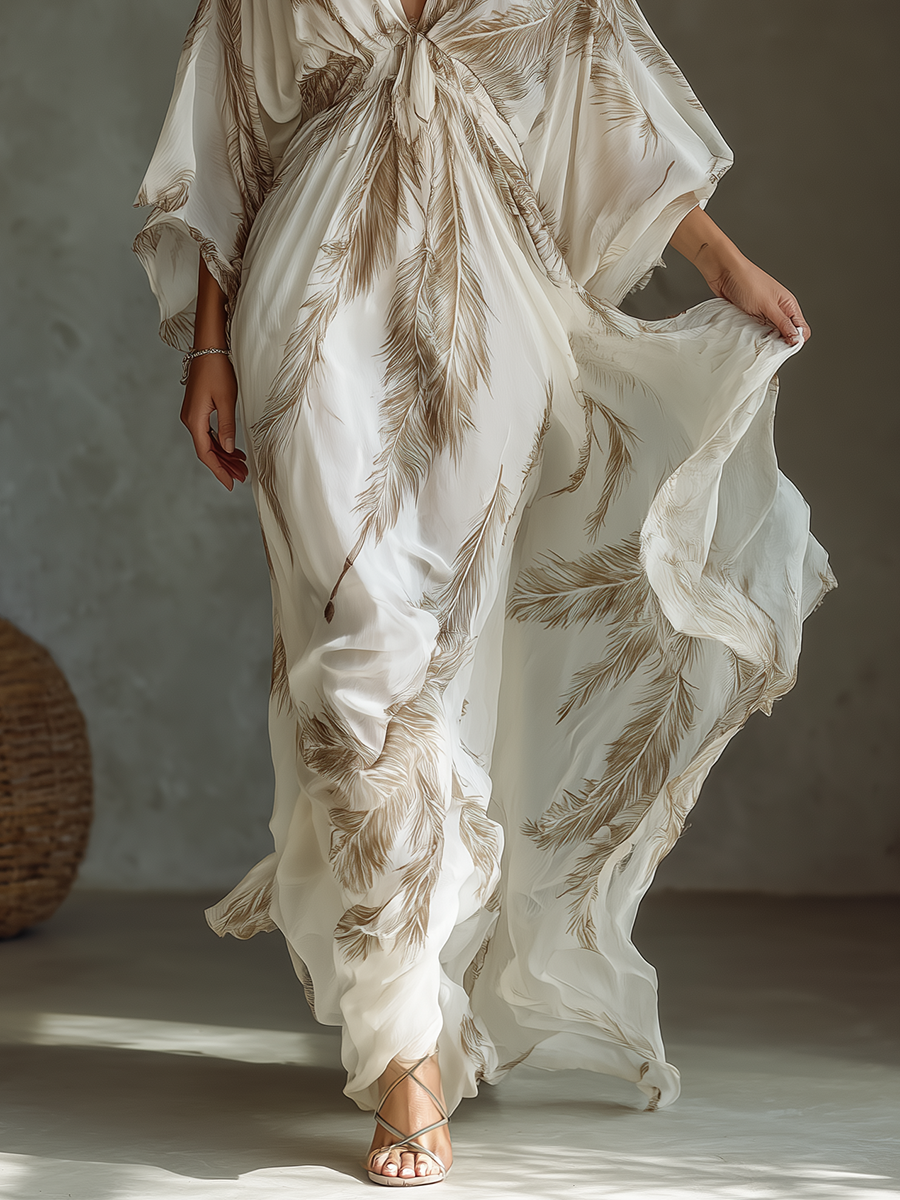 Feather Print Twist Front Batwing Sleeve Flowy Maxi Dress