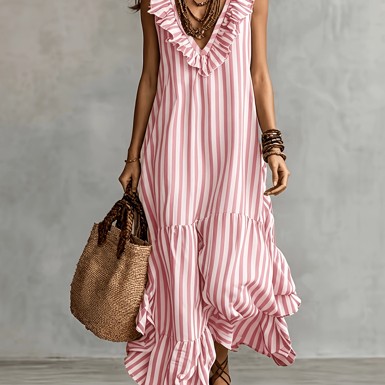 Striped Ruffled V Neck Boho Maxi Dress for Vacation