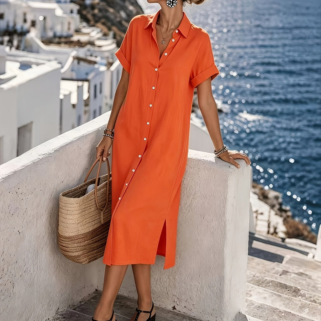 Button-Front Short Sleeve Shirt Dress for Vacation
