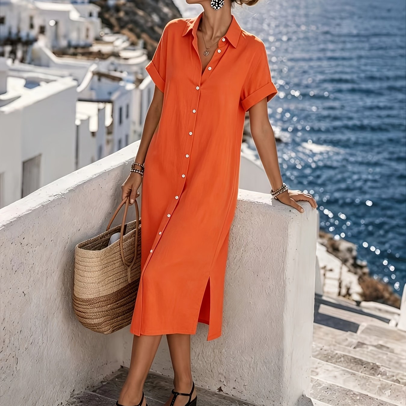 Button-Front Short Sleeve Shirt Dress for Vacation