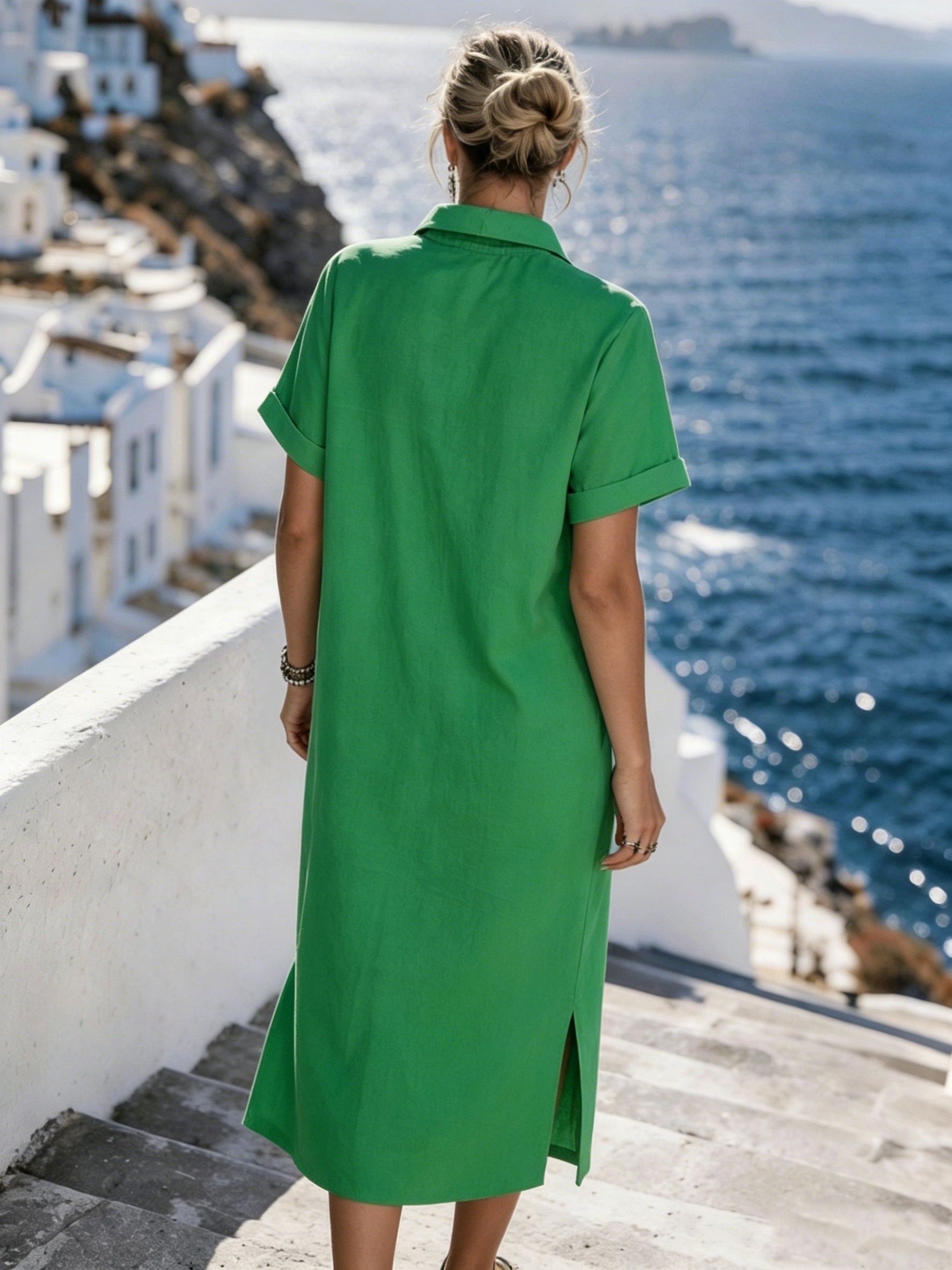 Button-Front Short Sleeve Shirt Dress for Vacation