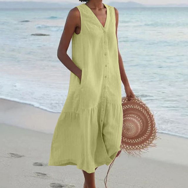 Button Front V Neck Sleeveless Ruffle Hem Casual Linen Midi Dress