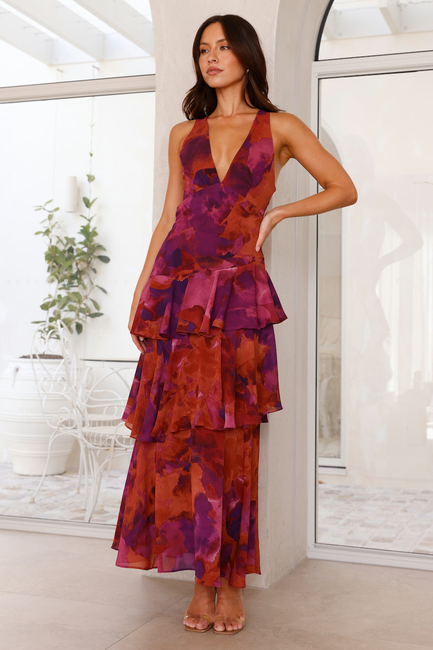 Abstract Print Deep V Neck Tiered Flowy Maxi Dress - Formal Wedding Guest