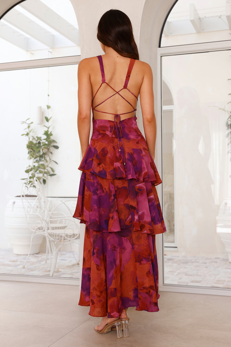 Abstract Print Deep V Neck Tiered Flowy Maxi Dress - Formal Wedding Guest