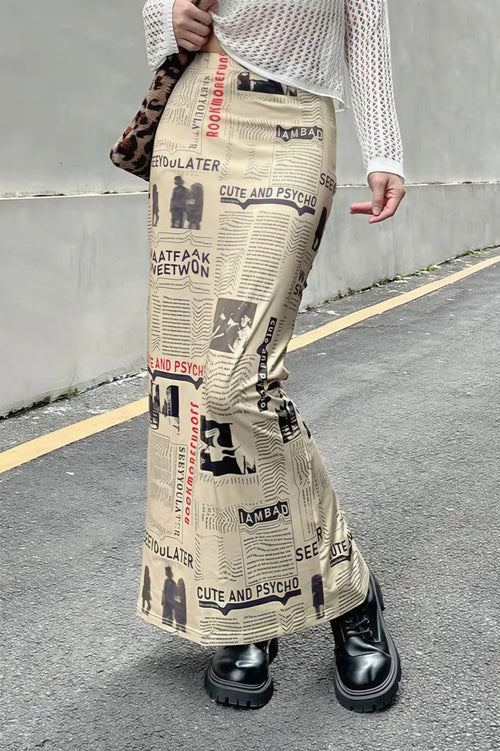 Y2K Vintage Newspaper Split Skirt