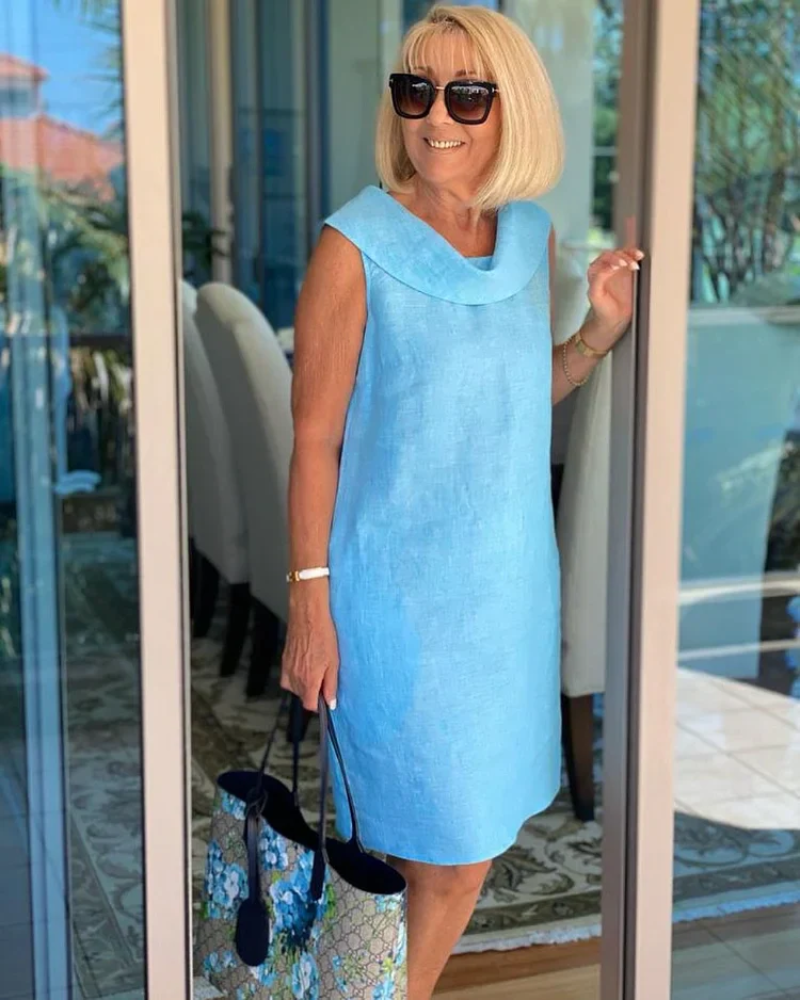 Cowl Neck Sleeveless Pocket Shift Linen Mini Dress