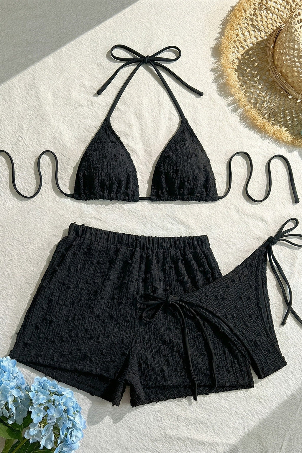 Solid Halter Lace Up Three Piece Swim Set