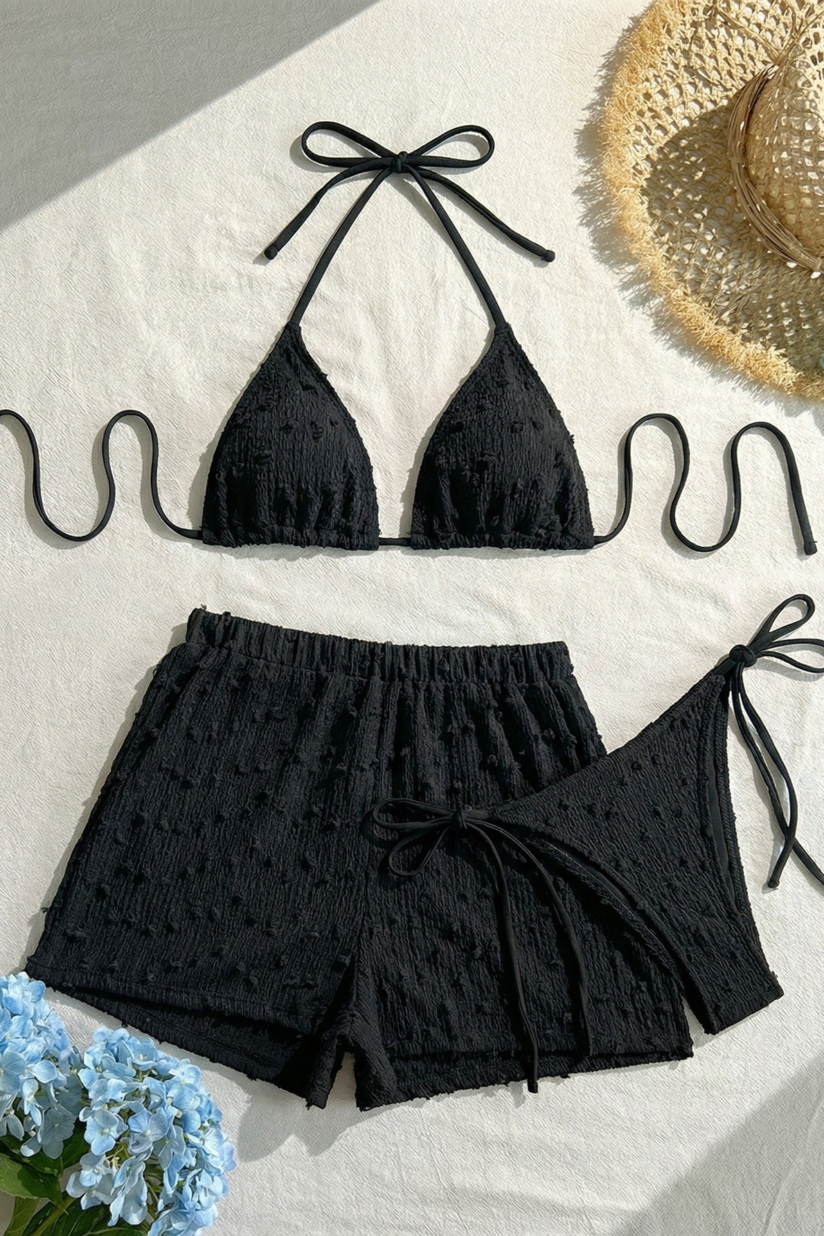 Solid Halter Lace Up Three Piece Swim Set